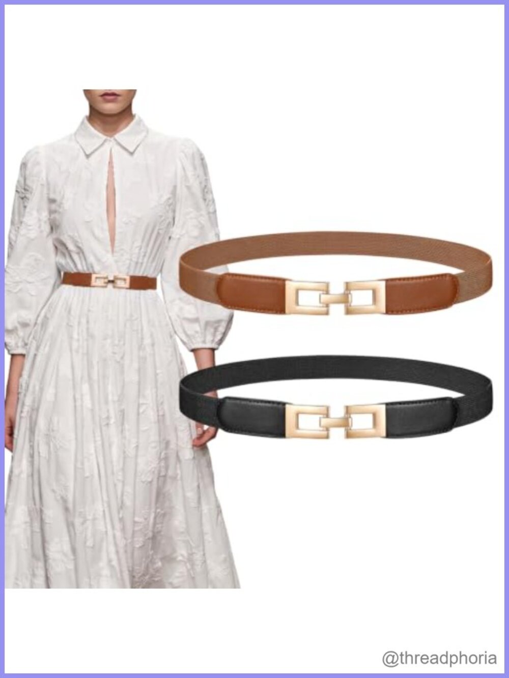 2 Pack Women Thin Elastic Belts Skinny Stretchy Belt with Golden Buckle